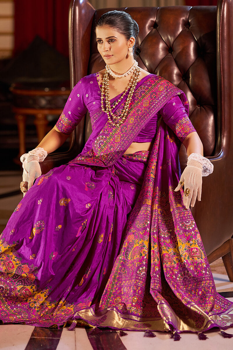 Engaging Purple Pashmina Saree With Desuetude Blouse Piece