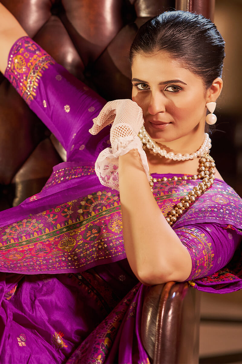 Engaging Purple Pashmina Saree With Desuetude Blouse Piece