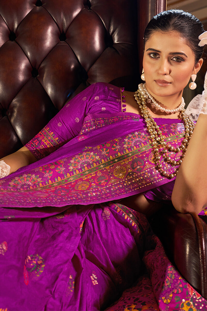 Engaging Purple Pashmina Saree With Desuetude Blouse Piece