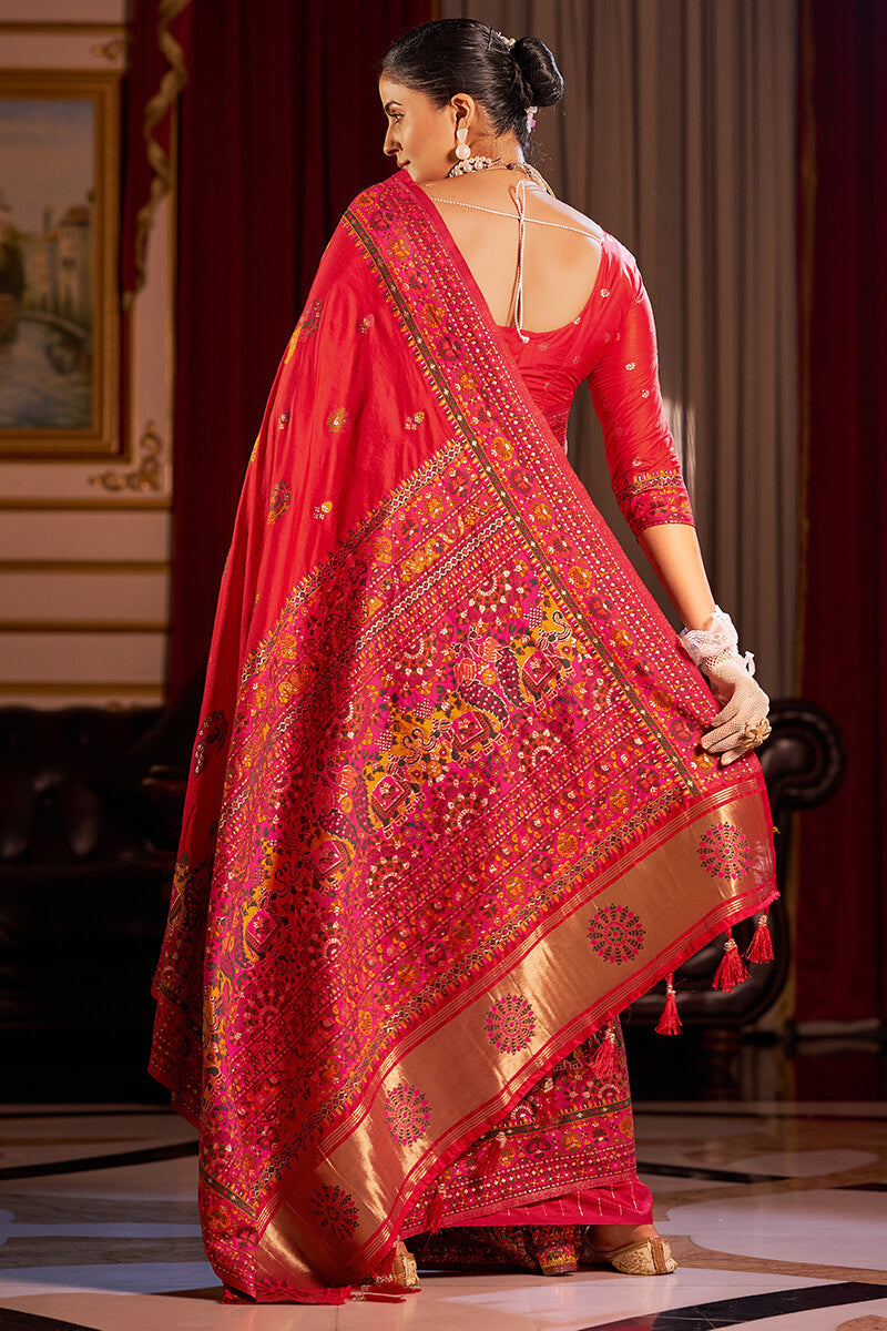 Staring Red Pashmina Saree With Mesmerising Blouse Piece