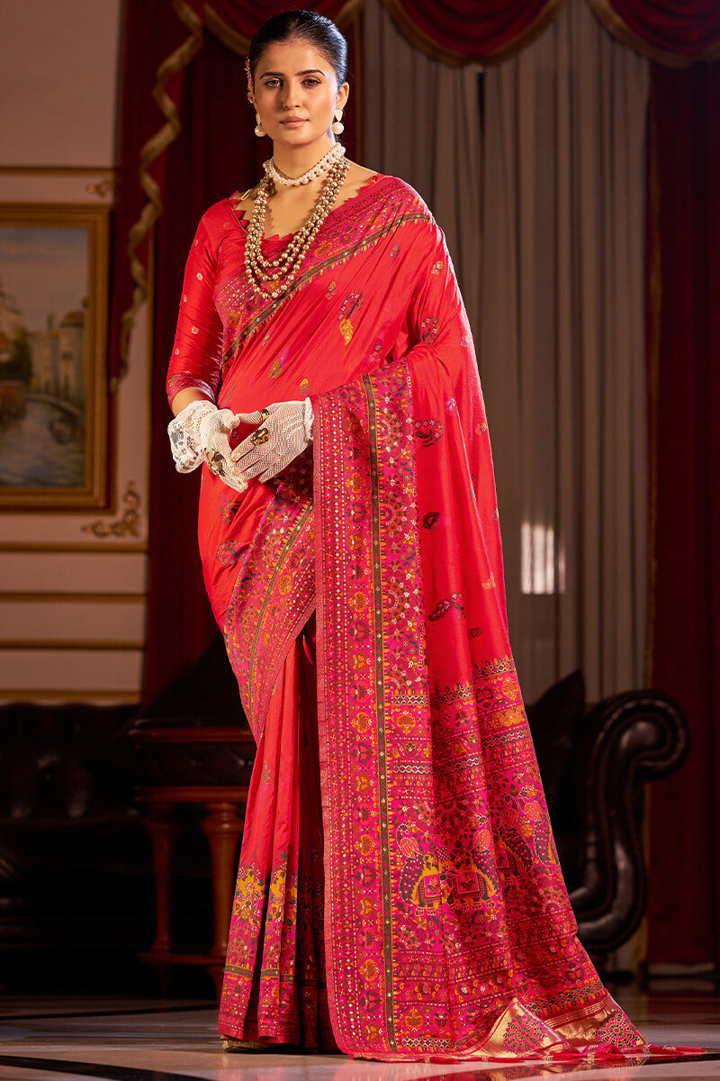 Staring Red Pashmina Saree With Mesmerising Blouse Piece