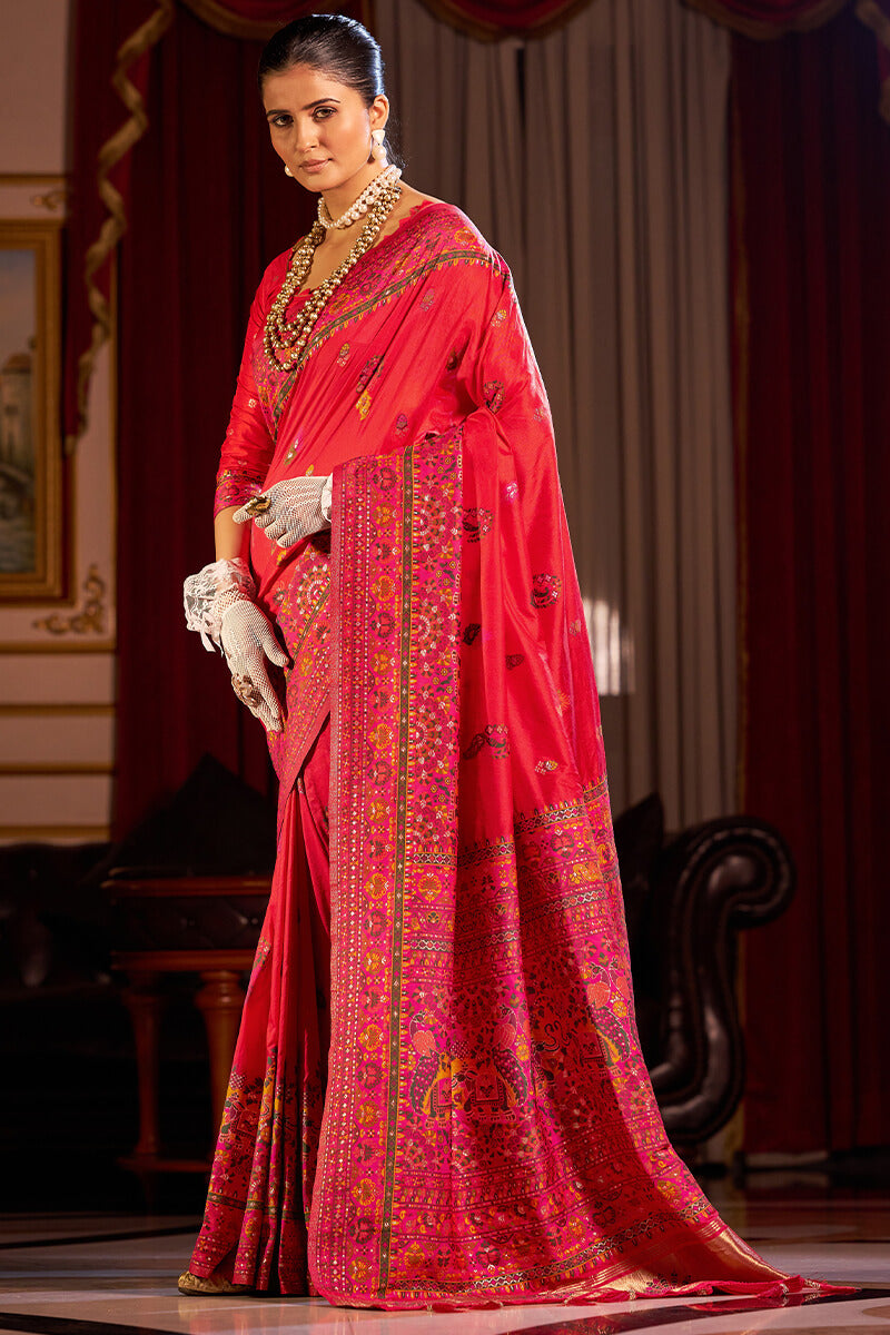 Staring Red Pashmina Saree With Mesmerising Blouse Piece