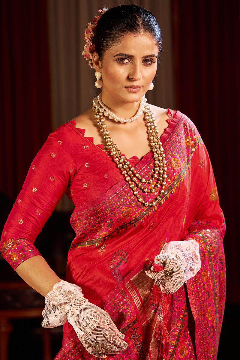 Staring Red Pashmina Saree With Mesmerising Blouse Piece