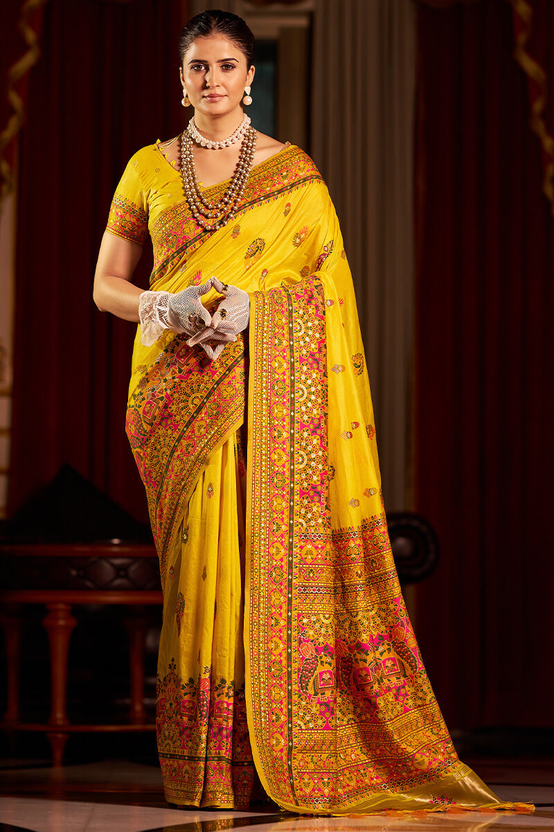 Cynosure Yellow Pashmina Saree With Sonorous Blouse Piece