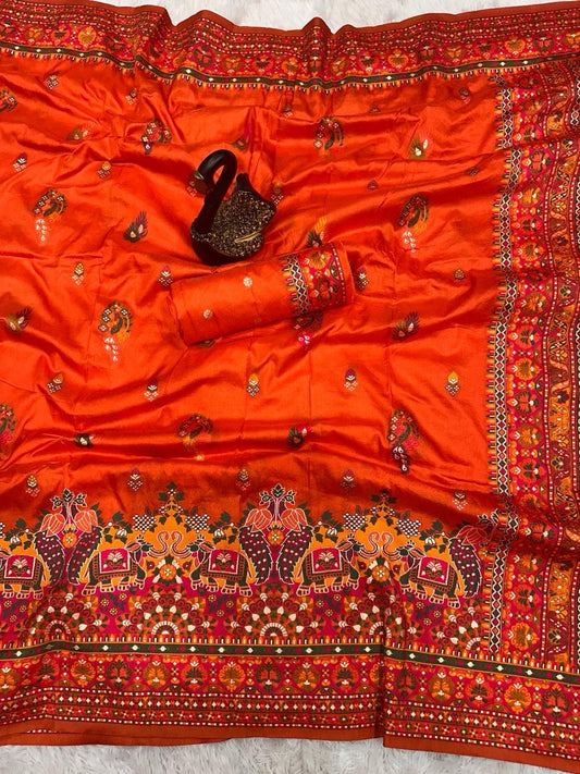 Incredible Orange Pashmina Saree With Arresting Blouse Piece