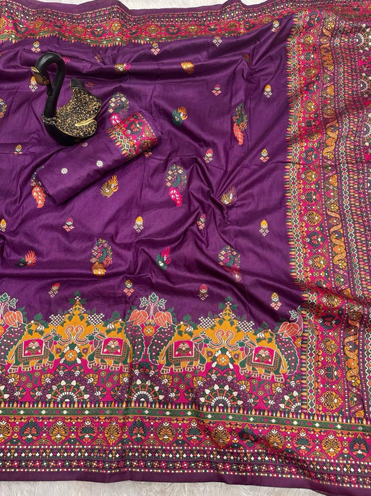 Exceptional Purple Pashmina Saree With Gratifying Blouse Piece