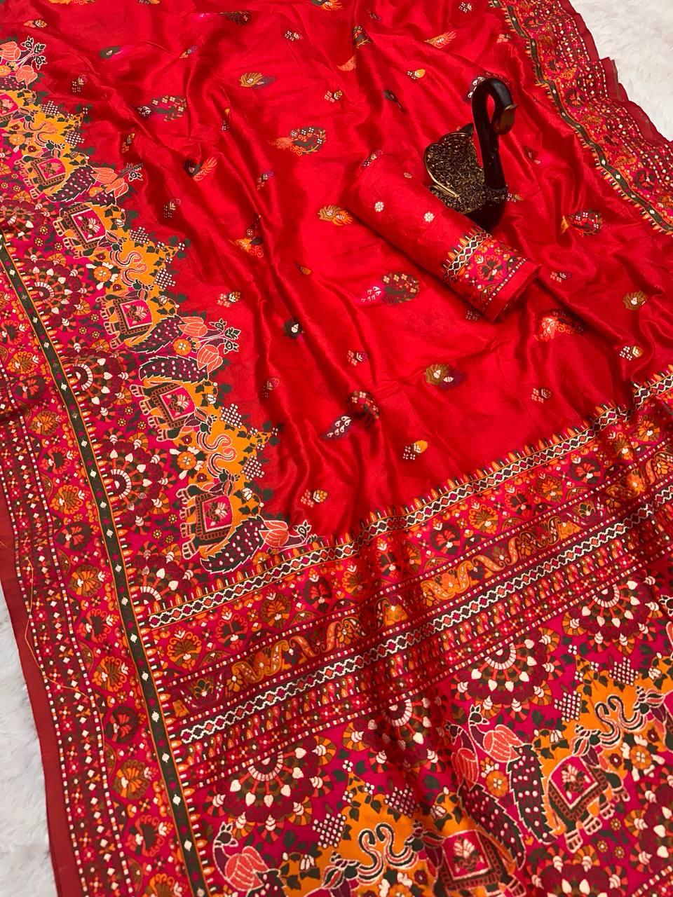 Seraphic Red Pashmina Saree With Nebula Blouse Piece