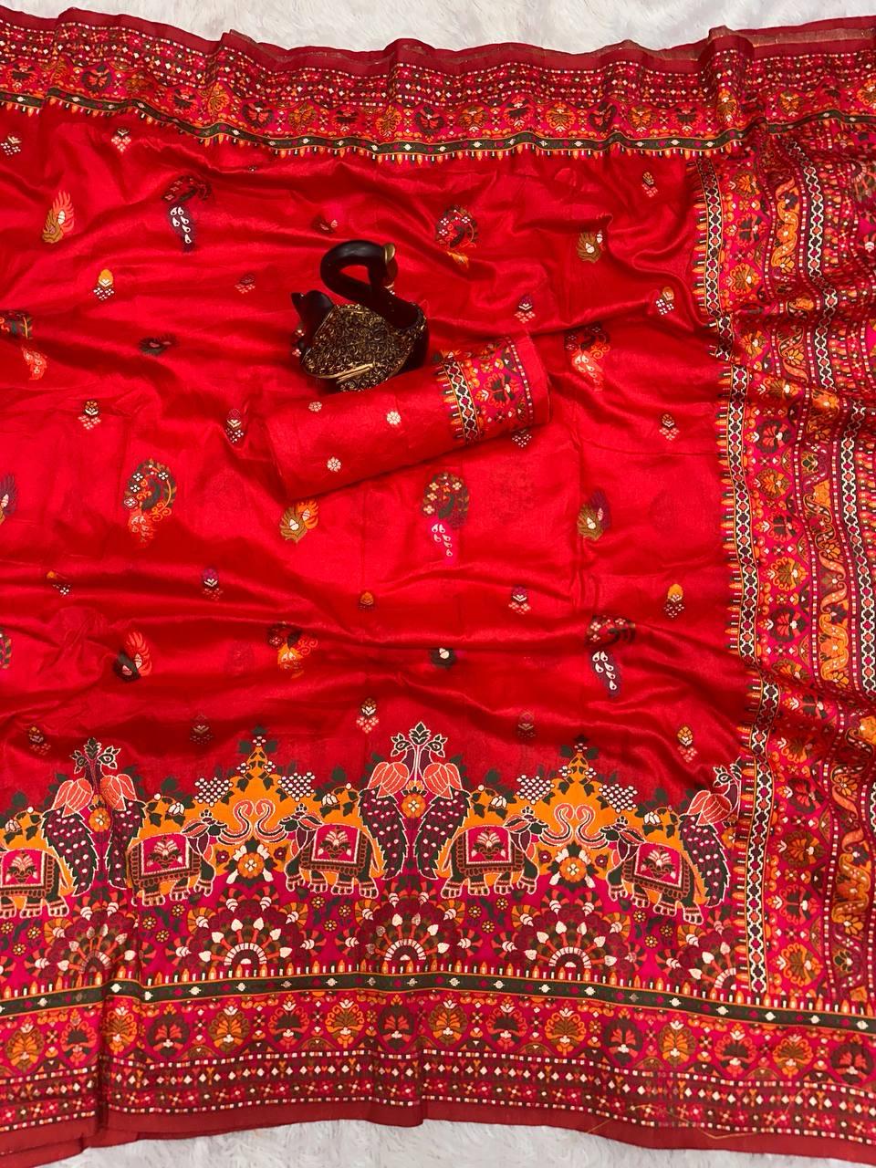 Seraphic Red Pashmina Saree With Nebula Blouse Piece