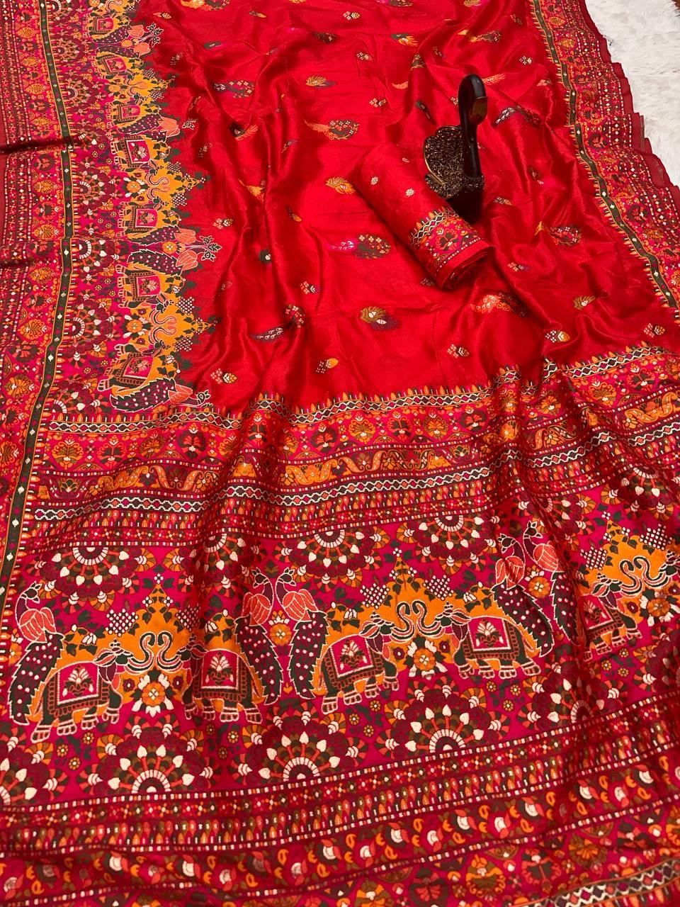 Seraphic Red Pashmina Saree With Nebula Blouse Piece
