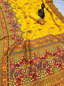 Appealing Yellow Pashmina Saree With Gossamer Blouse Piece