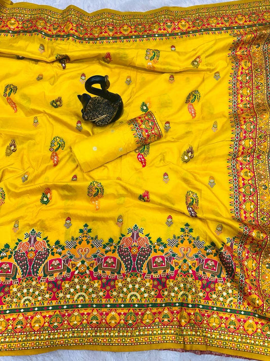 Appealing Yellow Pashmina Saree With Gossamer Blouse Piece