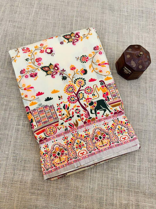 Comely Beige Pashmina Saree With Vibrant Blouse Piece