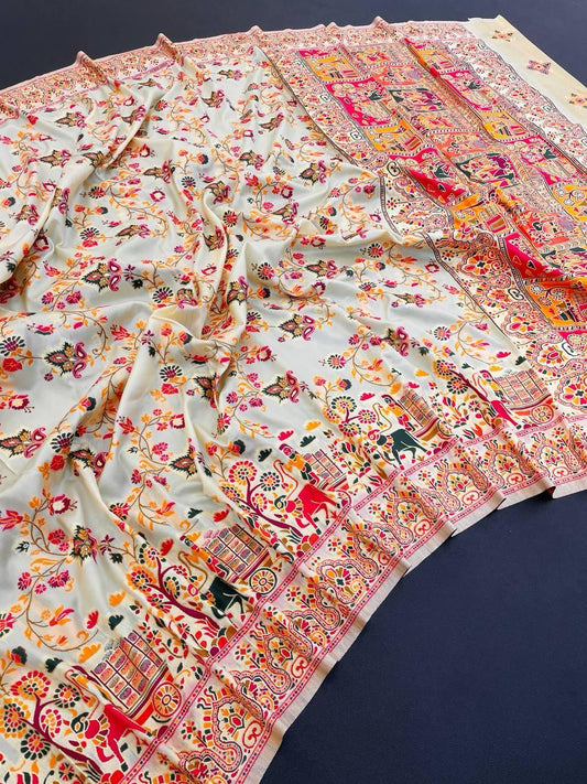 Comely Beige Pashmina Saree With Vibrant Blouse Piece