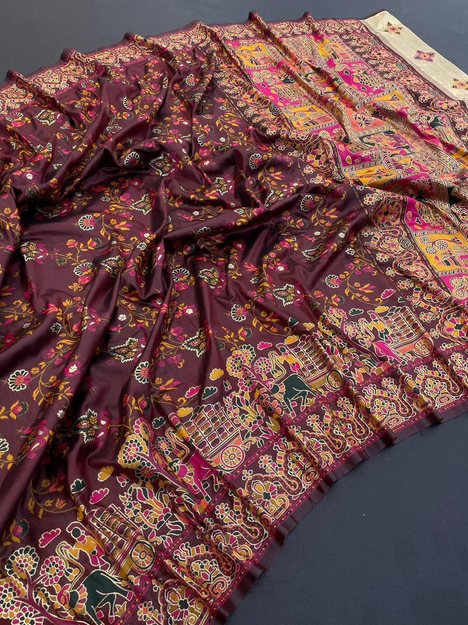 Gratifying Brown Pashmina Saree With Brood Blouse Piece