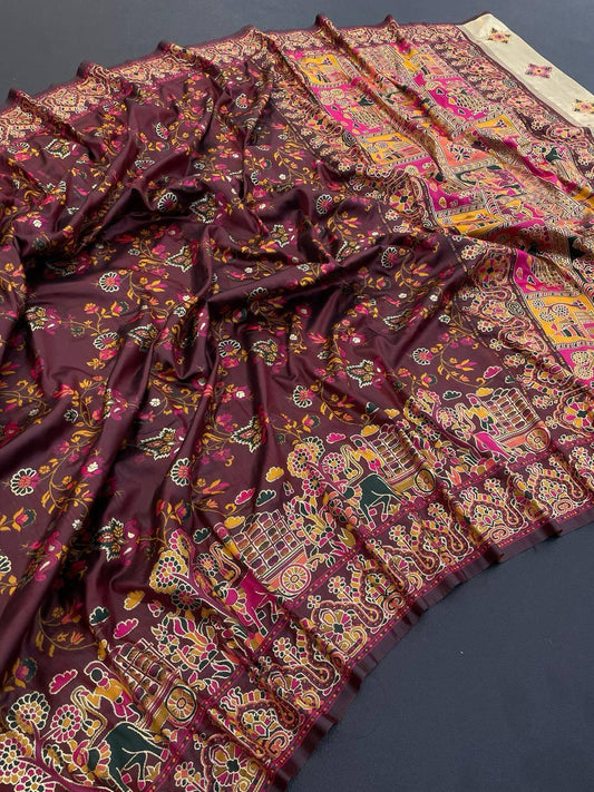 Gratifying Brown Pashmina Saree With Brood Blouse Piece