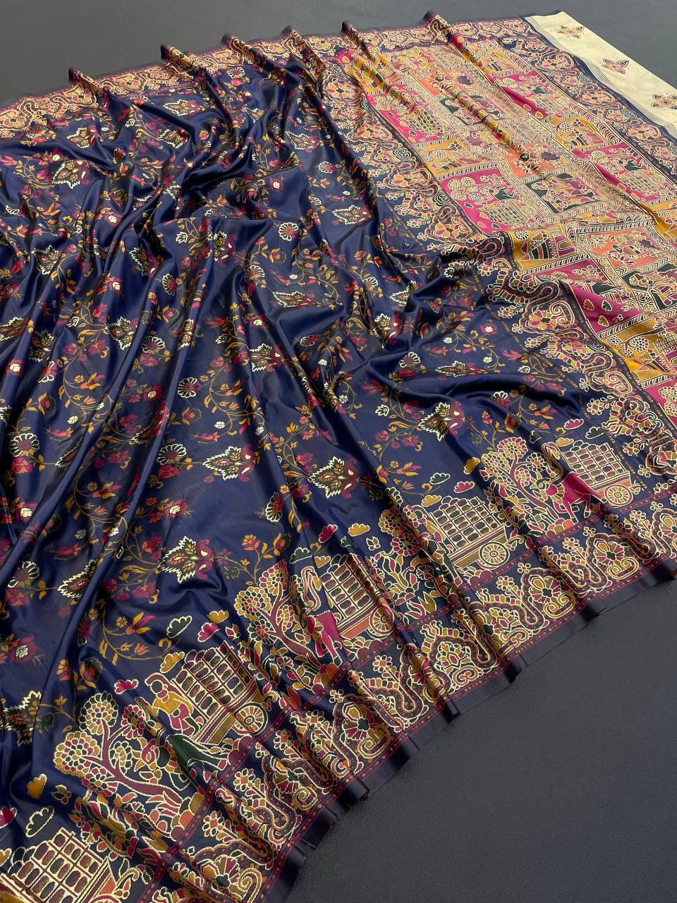 Cynosure Navy Blue Pashmina Saree With Magnificat Blouse Piece