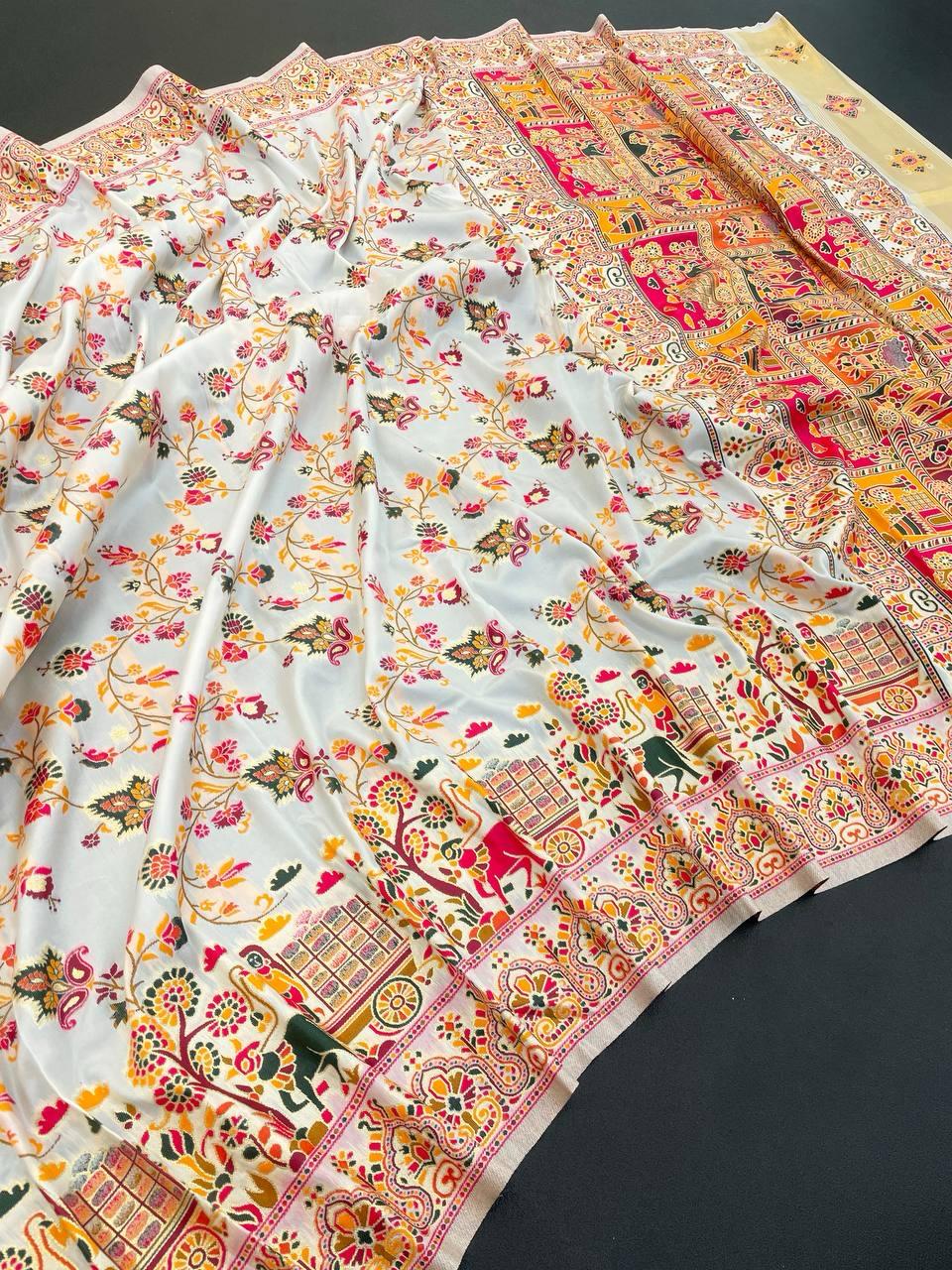 Surpassing Off White Pashmina Saree With Elaborate Blouse Piece