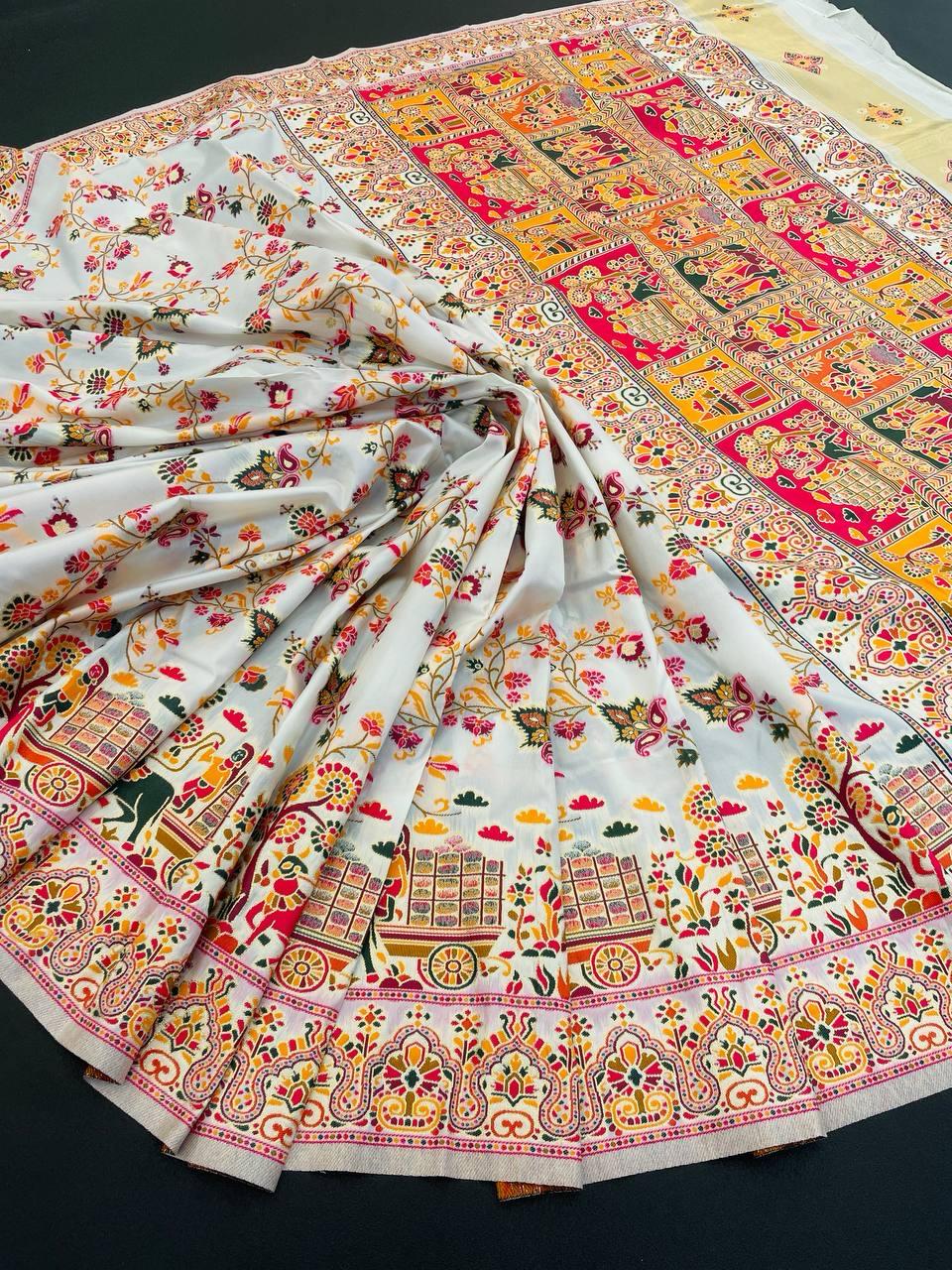 Surpassing Off White Pashmina Saree With Elaborate Blouse Piece
