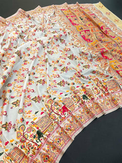 Surpassing Off White Pashmina Saree With Elaborate Blouse Piece