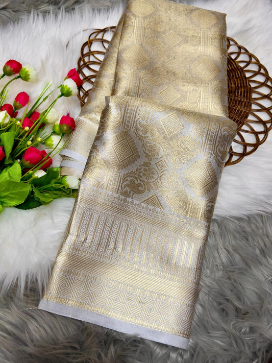 Glamorous Silver Soft Tissue Silk Saree With Ethnic Blouse Piece