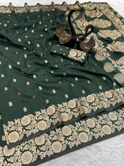 Desultory Dark Green Soft Banarasi Silk Saree With Vestigial Blouse Piece