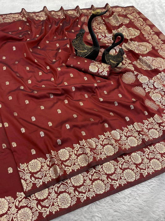Pretty Maroon Soft Banarasi Silk Saree With Classic Blouse Piece