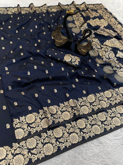 Denouement Navy Blue Soft Banarasi Silk Saree With Scintillating Blouse Piece
