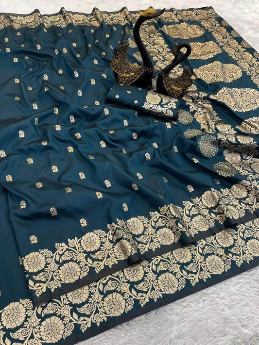 Efflorescence Teal Blue Soft Banarasi Silk Saree With Dalliance Blouse Piece