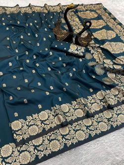 Efflorescence Teal Blue Soft Banarasi Silk Saree With Dalliance Blouse Piece