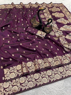 Stunning Wine Soft Banarasi Silk Saree With Devastating Blouse Piece