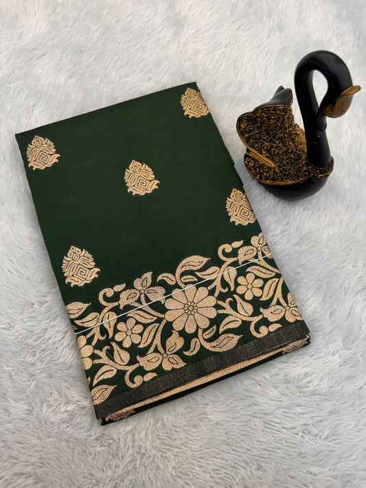 Impressive Dark Green Soft Banarasi Silk Saree With Opulent Blouse Piece