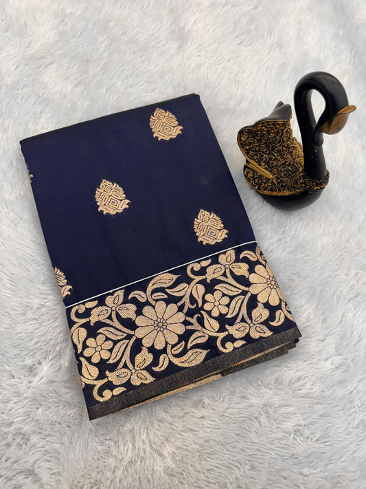 Intricate Navy Blue Soft Banarasi Silk Saree With Exemplary Blouse Piece