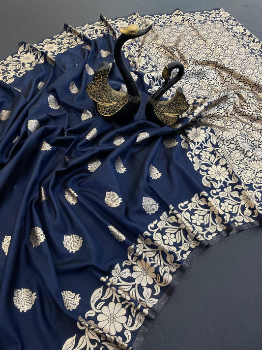 Intricate Navy Blue Soft Banarasi Silk Saree With Exemplary Blouse Piece