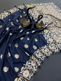 Intricate Navy Blue Soft Banarasi Silk Saree With Exemplary Blouse Piece
