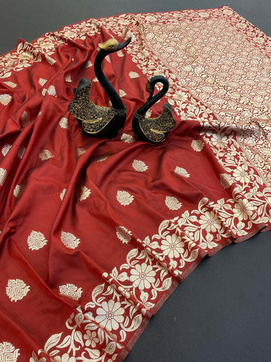 Verdant Red Soft Banarasi Silk Saree With Incomparable Blouse Piece