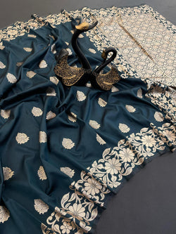 Luxuriant Teal Blue Soft Banarasi Silk Saree With Energetic Blouse Piece