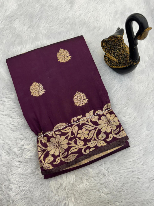 Artistic Wine Soft Banarasi Silk Saree With Excellent Blouse Piece
