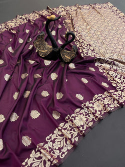 Artistic Wine Soft Banarasi Silk Saree With Excellent Blouse Piece