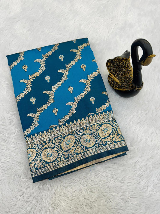 Amazing Blue Soft Banarasi Silk Saree With Desiring Blouse Piece