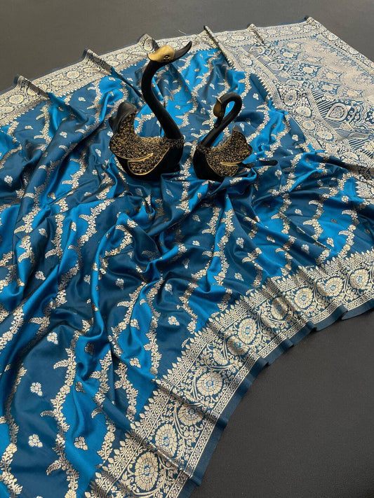 Amazing Blue Soft Banarasi Silk Saree With Desiring Blouse Piece