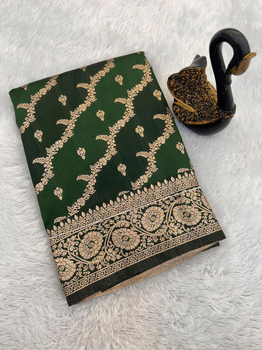 Lagniappe Dark Green Soft Banarasi Silk Saree With Unique Blouse Piece