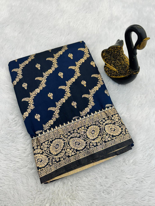 Ideal Navy Blue Soft Banarasi Silk Saree With Amazing Blouse Piece