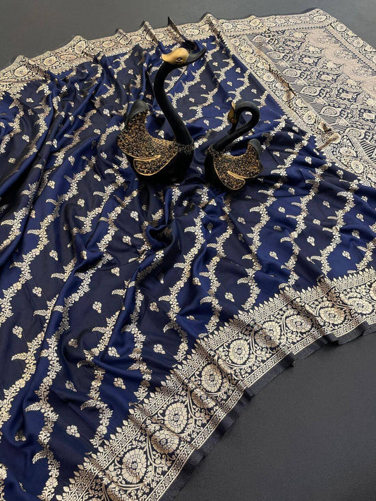 Ideal Navy Blue Soft Banarasi Silk Saree With Amazing Blouse Piece