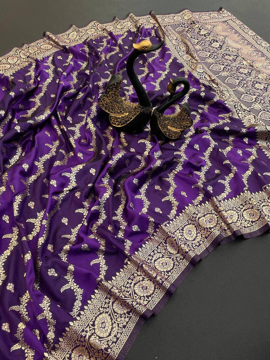 Stylish Purple Soft Banarasi Silk Saree With Whimsical Blouse Piece
