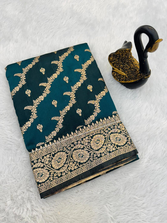 Ideal Rama Soft Banarasi Silk Saree With Vivacious Blouse Piece