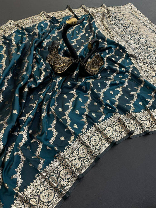 Ideal Rama Soft Banarasi Silk Saree With Vivacious Blouse Piece
