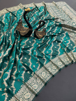Pulsating Sea Green Soft Banarasi Silk Saree With Prodigal Blouse Piece