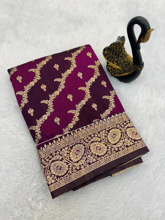 Smart Wine Soft Banarasi Silk Saree With Whimsical Blouse Piece