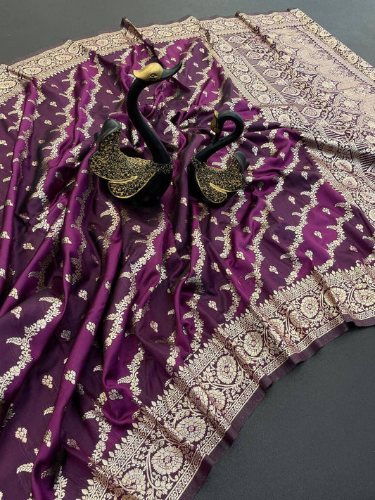 Smart Wine Soft Banarasi Silk Saree With Whimsical Blouse Piece
