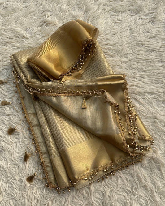 Splendorous Golden Soft Tissue Silk Saree With Artistic Blouse Piece